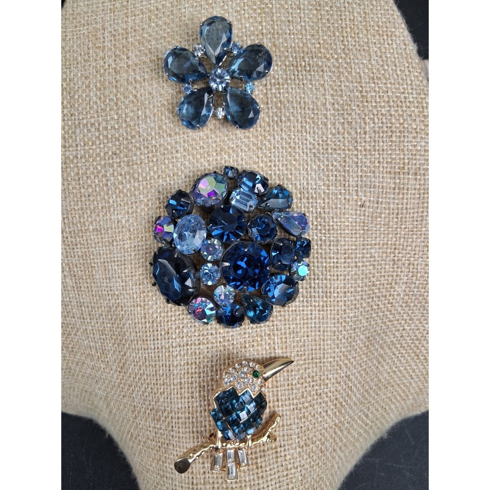 Vintage Blue Rhinestone Brooches Lot of 3 MCM Aurora Borealis Crystal Bird Pins